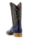 Mens Blue Ostrich Quill Print Leather Cowboy Boots Square Toe