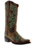 Womens Malaga Brown Leather Cowboy Boots Embroidered - Snip Toe