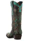 Women's Cruz Brown Cross Design Leather Cowgirl Boots - Snip Toe