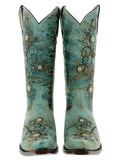 Womens Mesina Turquoise Leather Cowboy Boots Floral - Snip Toe