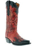 Womens Katy Baby Red Leather Cowboy Boots Studded - Snip Toe