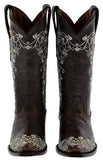 Womens Stella Brown Floral Embroidered Leather Cowboy Boots - Snip Toe