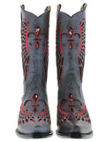 Womens Denim Blue Boots Fleur-De-Lis & Wings Red Sequins - Snip Toe