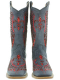 Womens Denim Blue Cowboy Boots Fleur-De-Lis & Wings Red Sequins - Square Toe