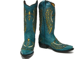 Womens Turquoise Cowboy Boots Fleur-De-Lis & Wings Gold Sequins - Snip Toe